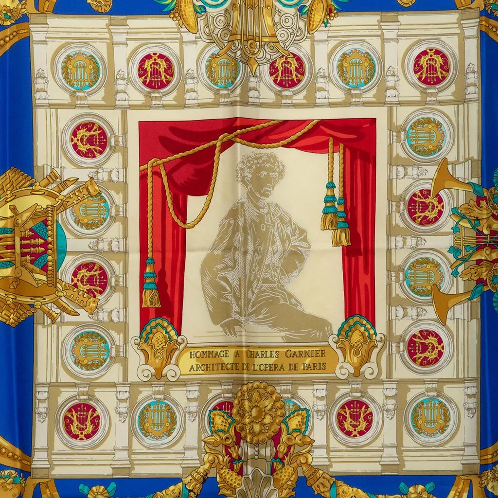 Hermès Hommage A Charles Garnier Silk Scarf 90 Blue Silk Good - Back View