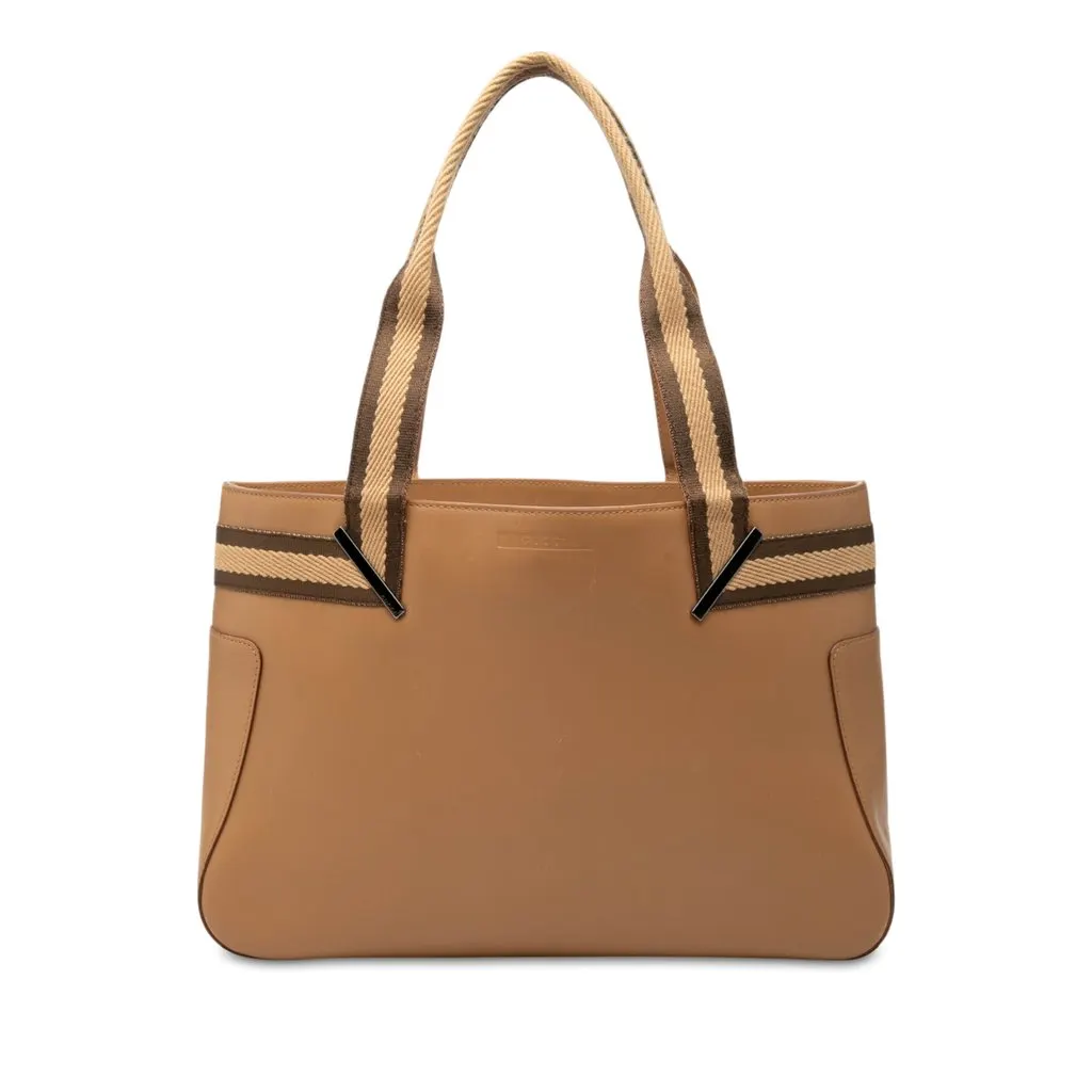 Gucci Calfskin Web Handbag Brown Leather Very good - Front View