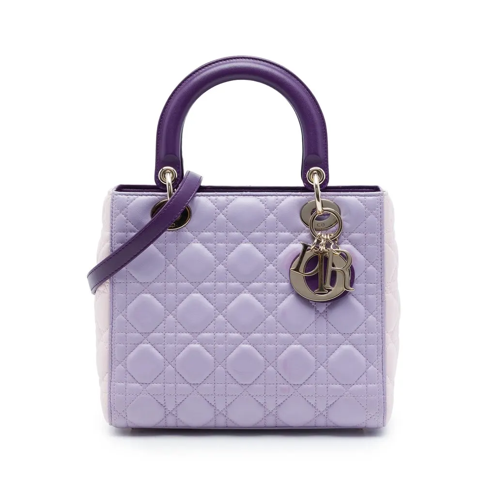 Dior Medium Tricolor Lambskin Cannage Lady Dior Purple Leather Very good - Front View