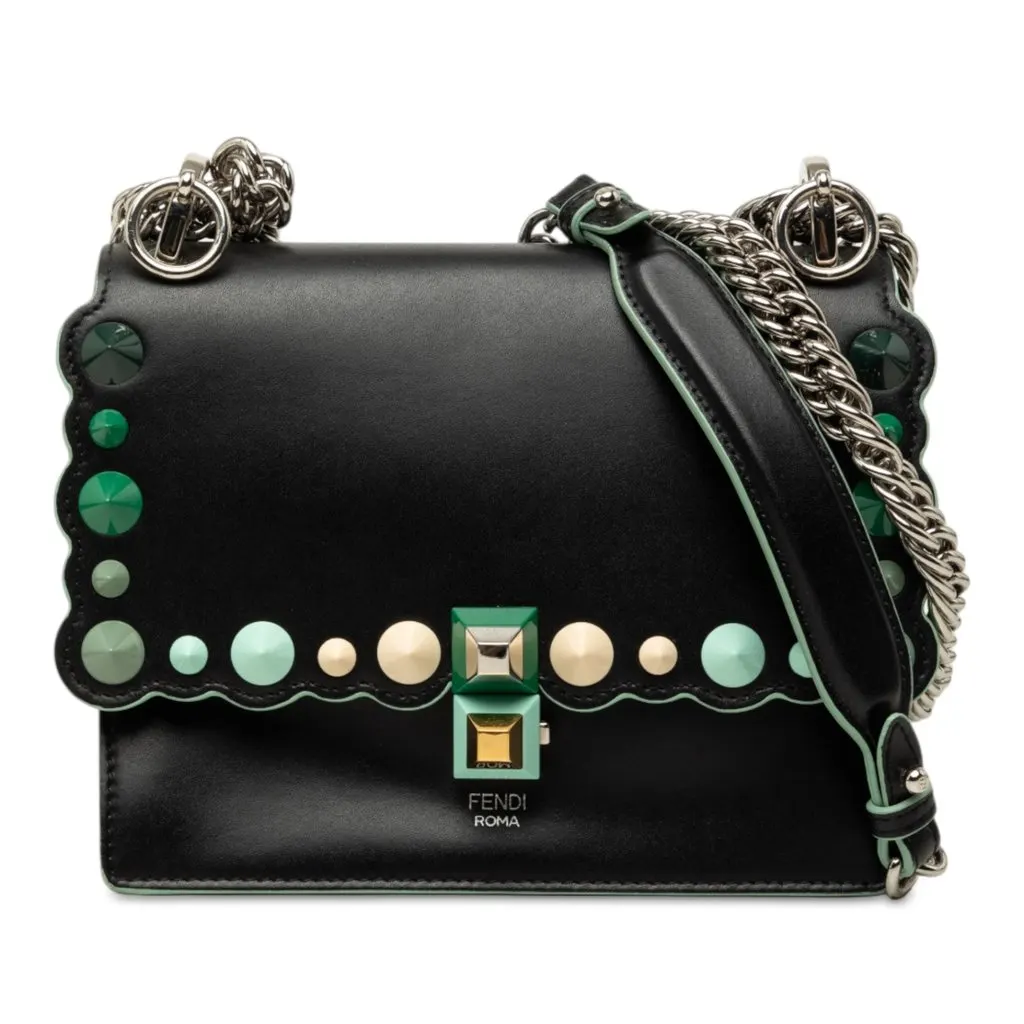Fendi Mini Scalloped Leather and Acrylic Studs Kan I Crossbody Black Leather Very good - Front View
