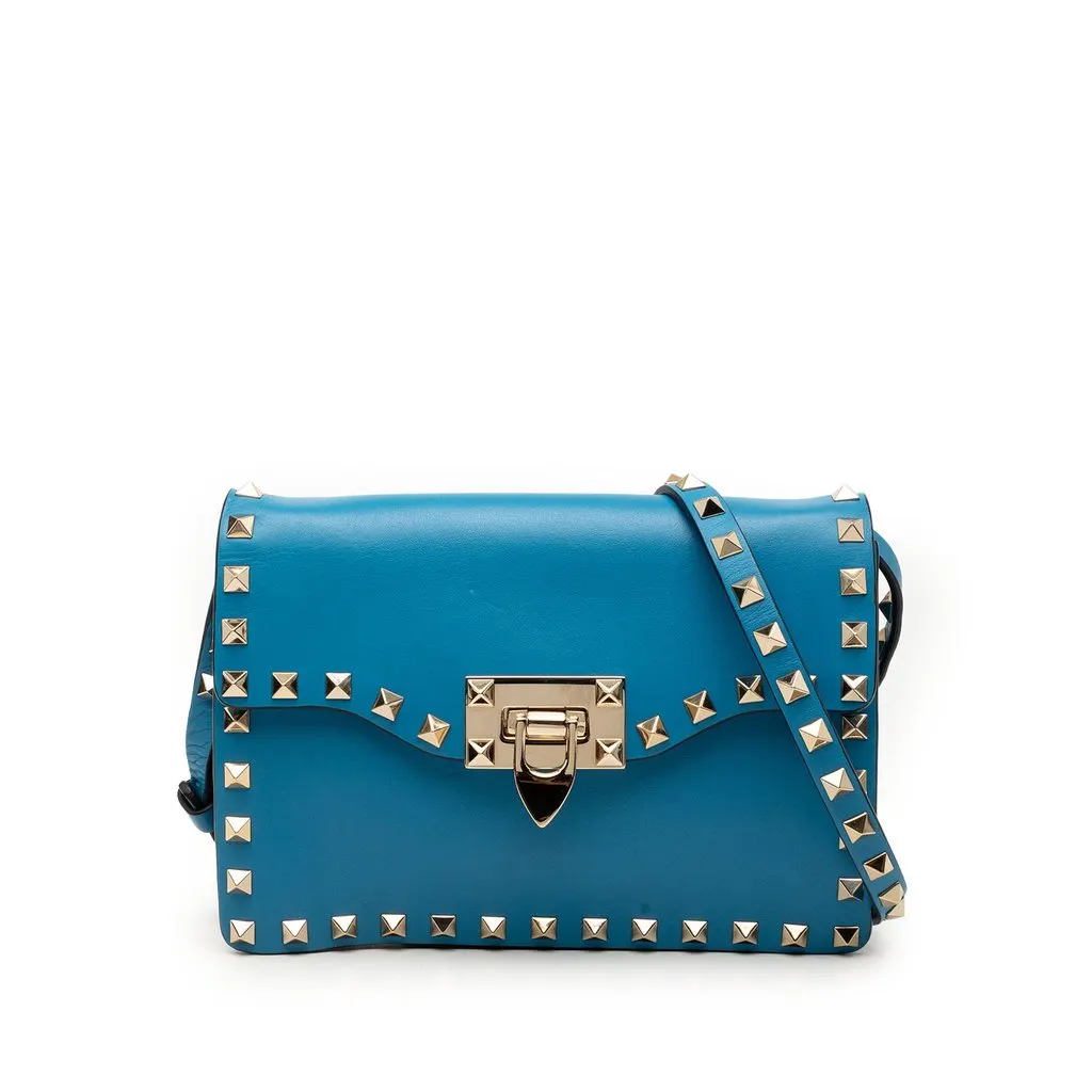Valentino Mini Leather Rockstud Flap Crossbody Blue Leather Very good - Front View