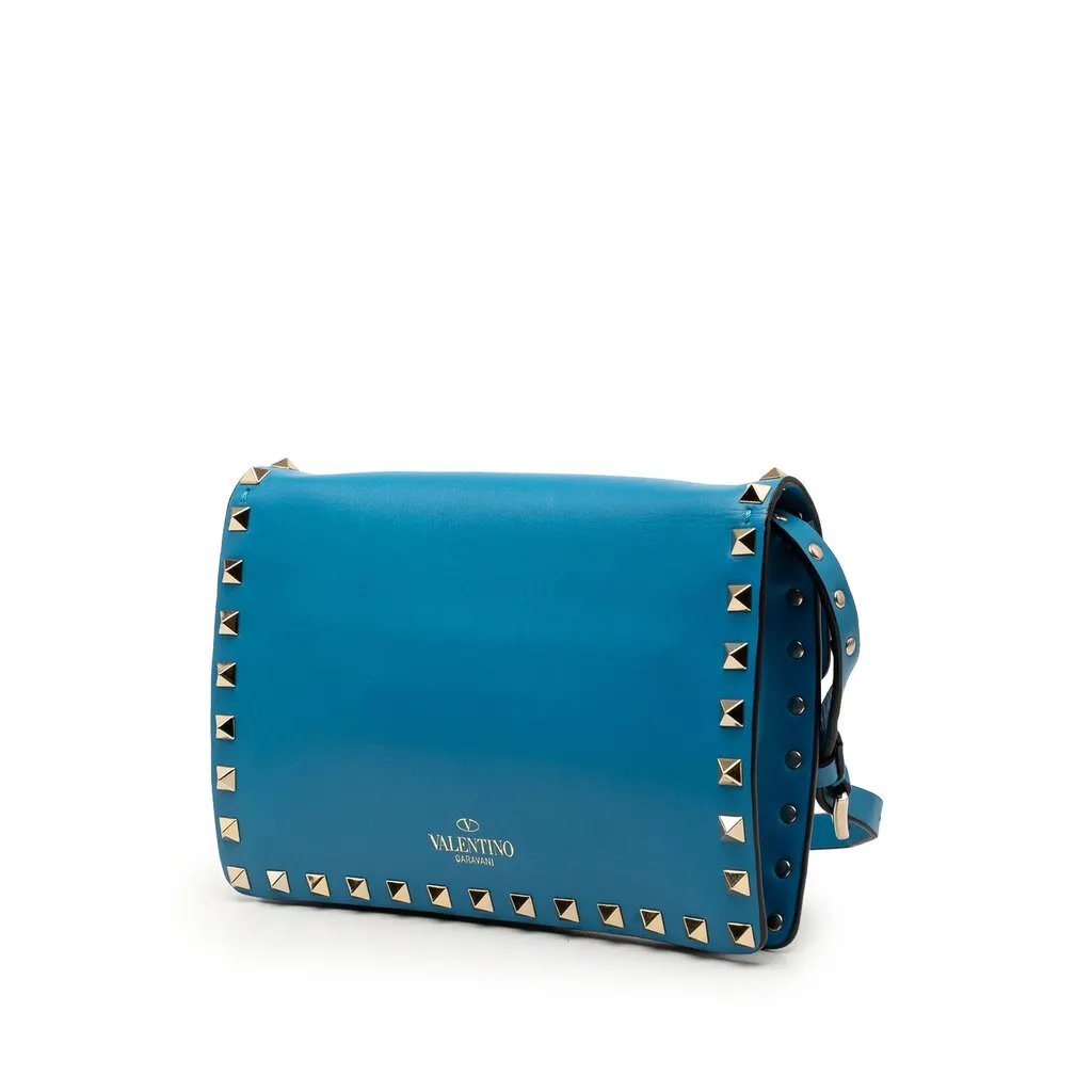 Valentino Mini Leather Rockstud Flap Crossbody Blue Leather Very good - Back View