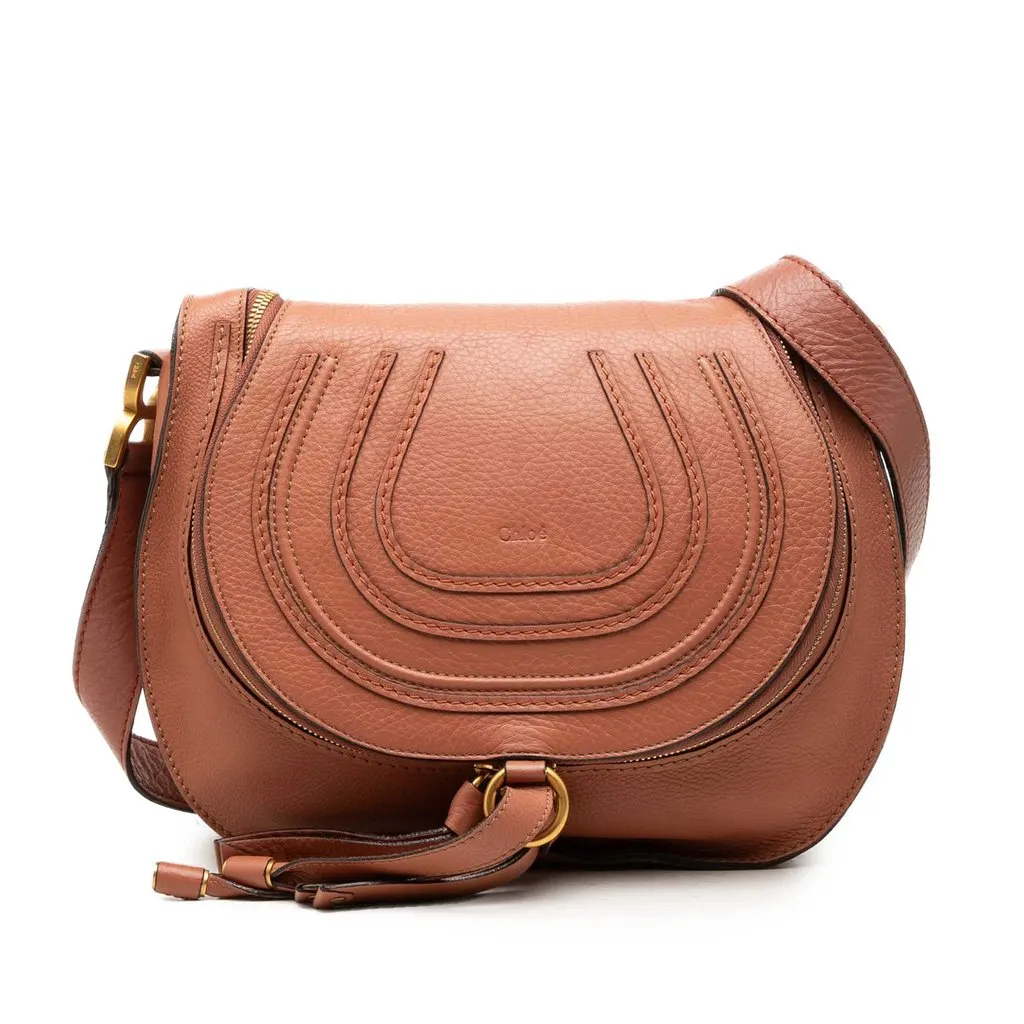 Chloé Medium Grained Calfskin Marcie Saddle Crossbody Brown Leather Good - Front View