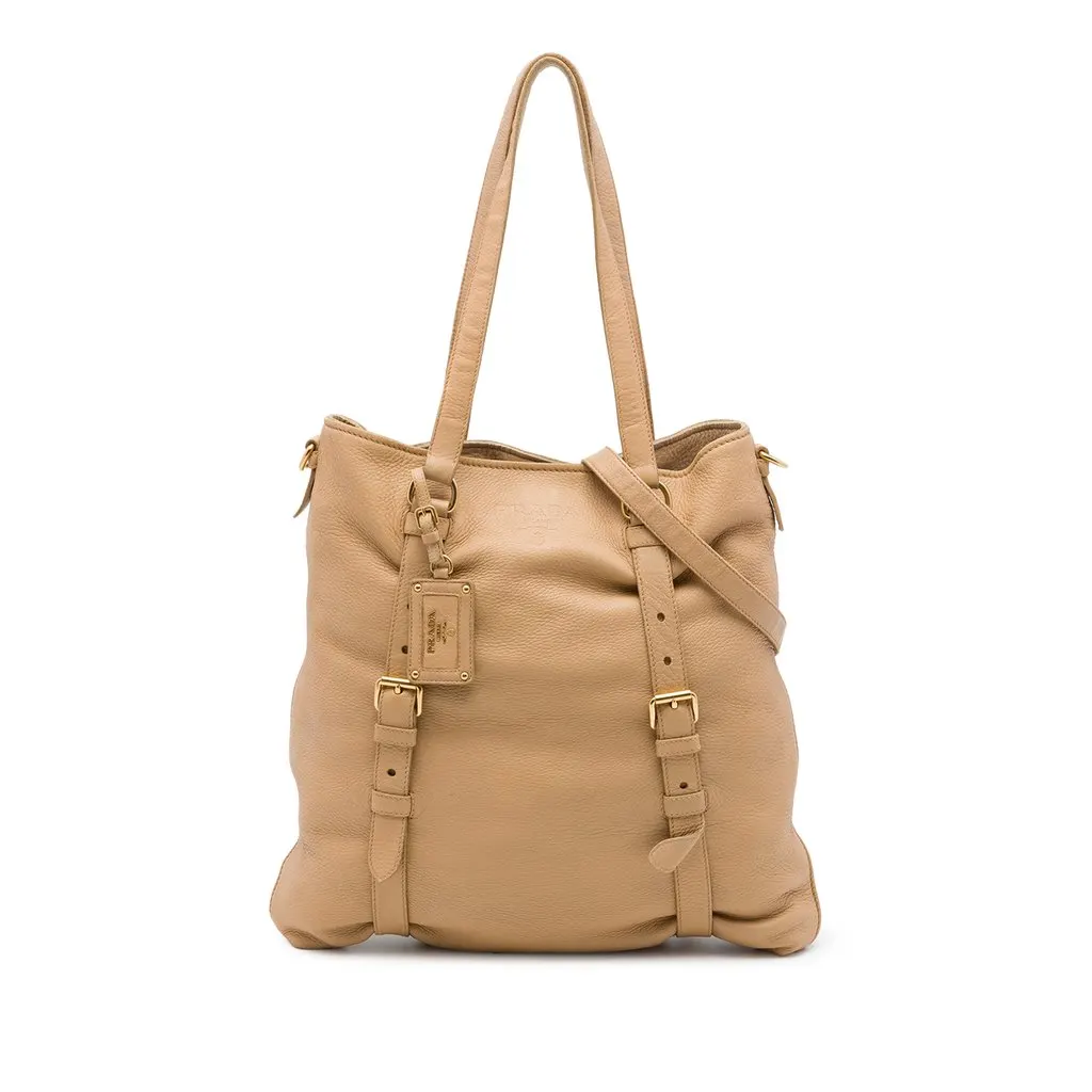 Prada Vitello Daino Open Convertible Tote Beige Leather Good - Front View