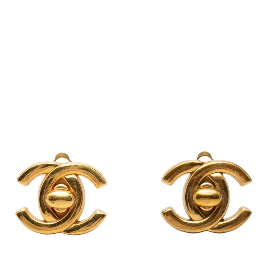 Chanel CC Gold Plated Turn Lock Clip On Earrings Gold Metal Very good - Front View