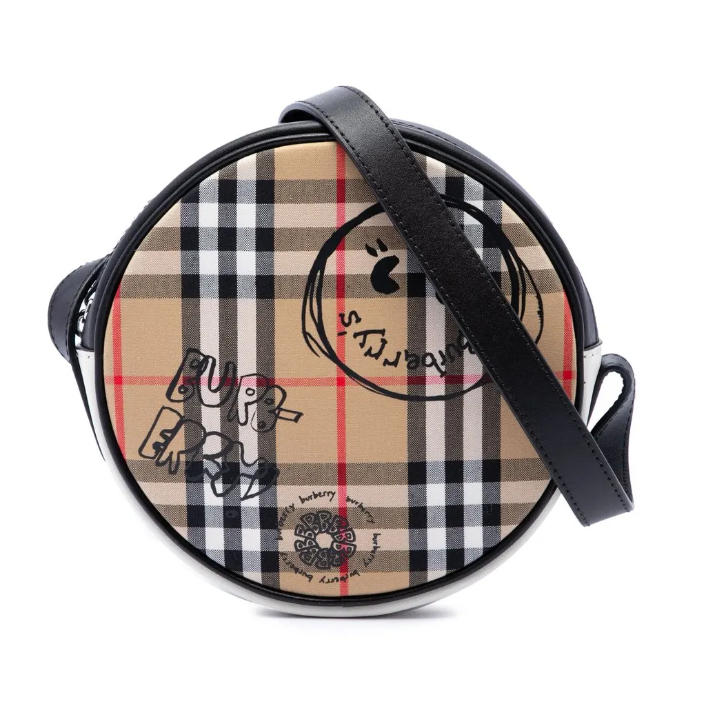 Burberry House Check Canvas and Calfskin Cartoon Print Round Crossbody Beige Canvas Very good - Front View