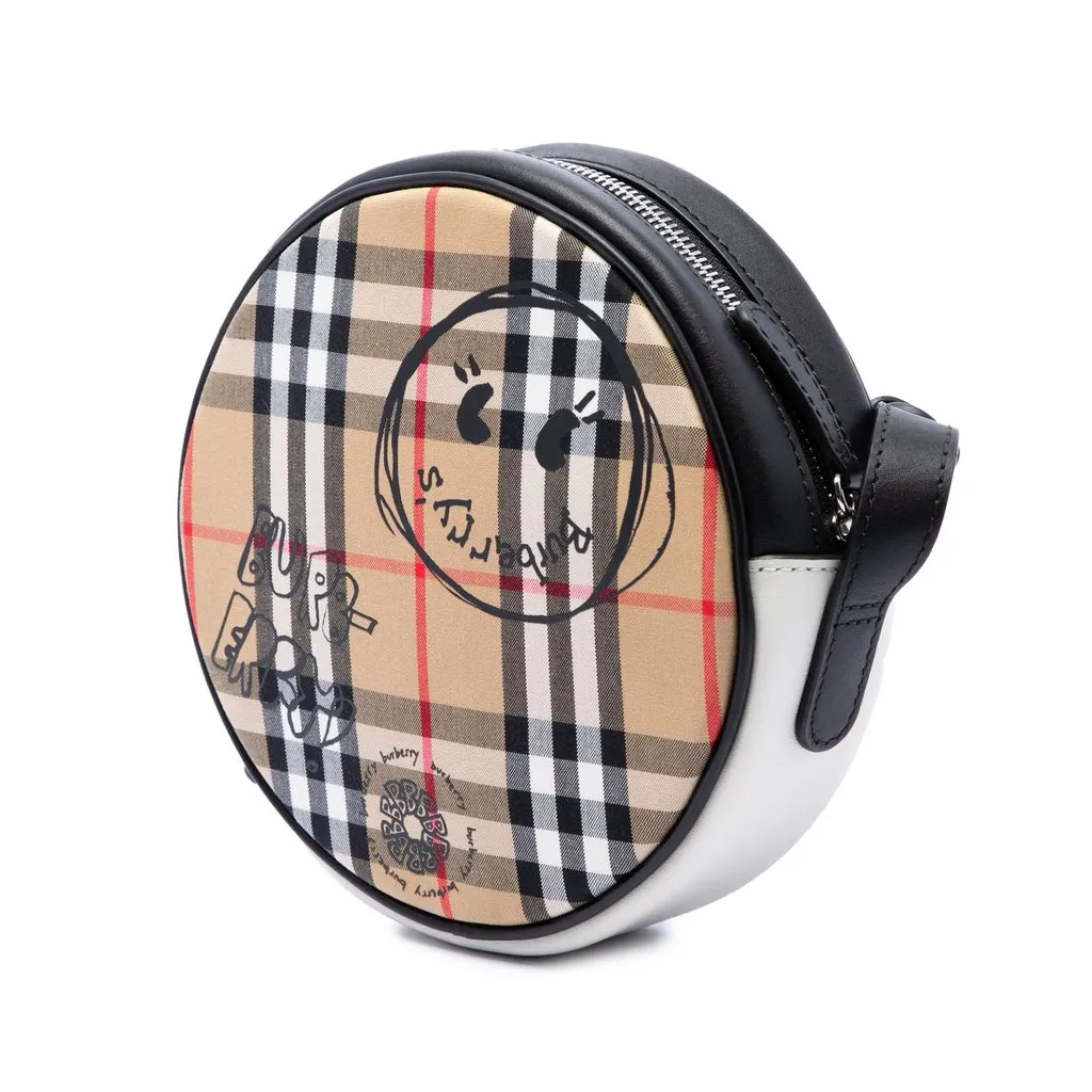 Burberry House Check Canvas and Calfskin Cartoon Print Round Crossbody Beige Canvas Very good - Back View