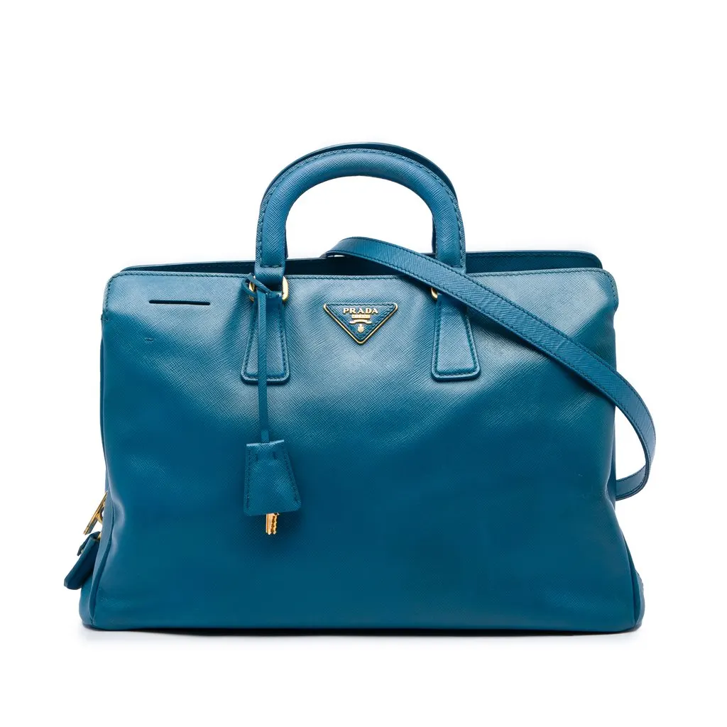 Prada Medium Saffiano Lux Zip Tote Blue Leather Good - Front View