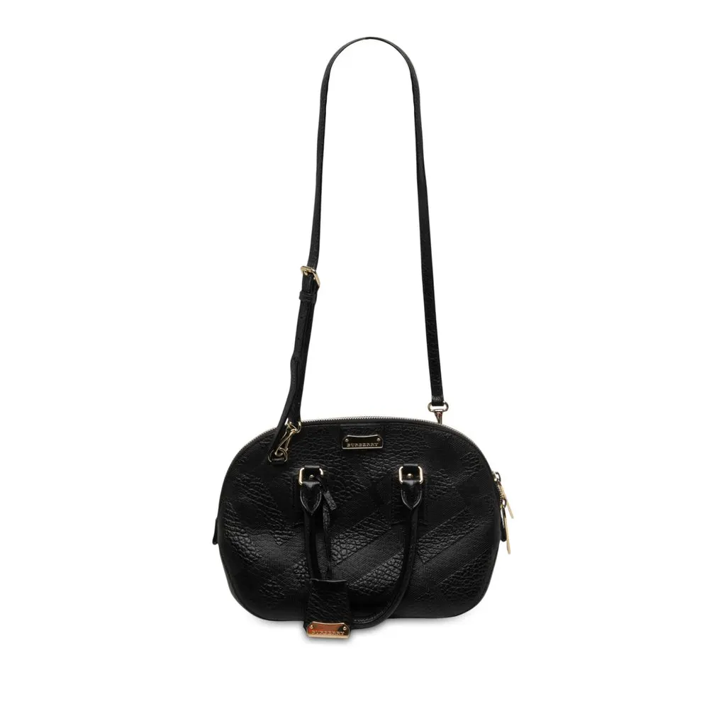 Burberry Small Heritage Grain Check Embossed Leather Orchard Bowling Bag Black Leather Good - Front View