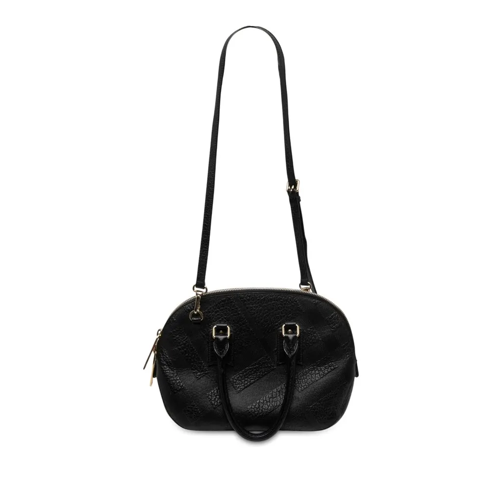 Burberry Small Heritage Grain Check Embossed Leather Orchard Bowling Bag Black Leather Good - Back View