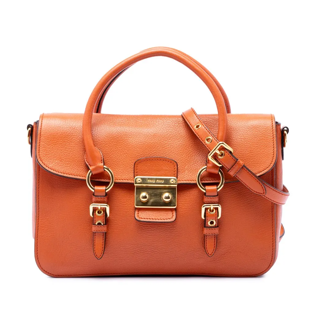 Miu Miu Goatskin Madras Flap Satchel Orange Leather Very good - Front View