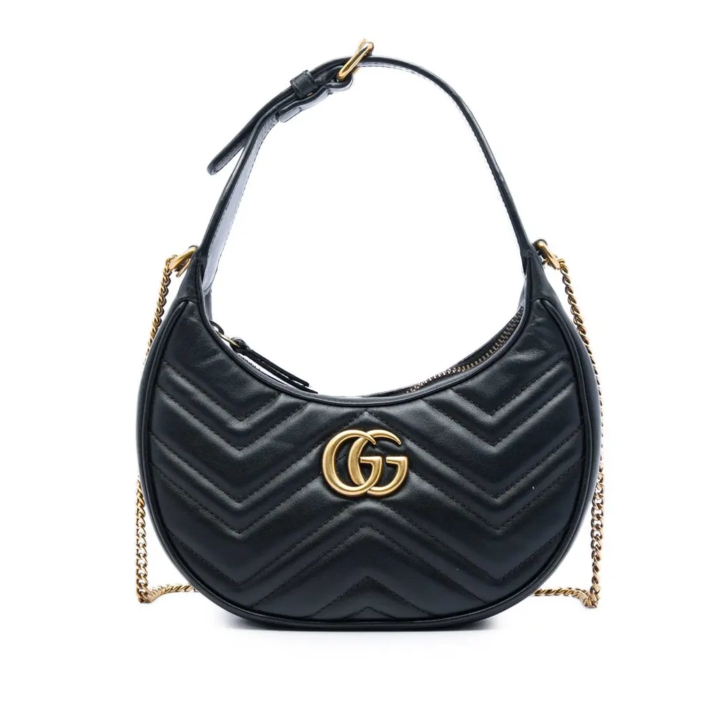 Gucci Mini GG Marmont Matelasse Calfskin Half Moon Bag Black Leather Very good - Front View