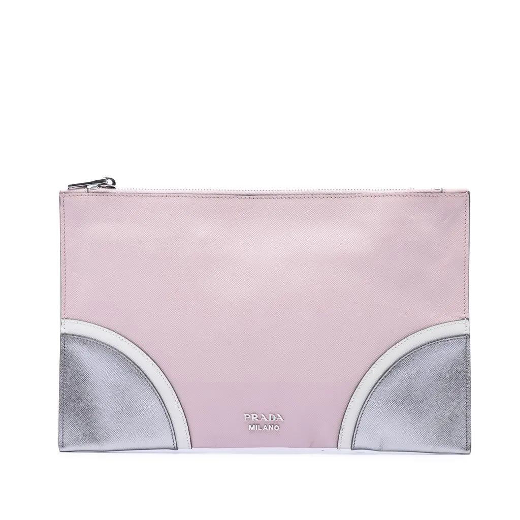 Prada Tricolor Saffiano Clutch Pink Leather Very good - Front View
