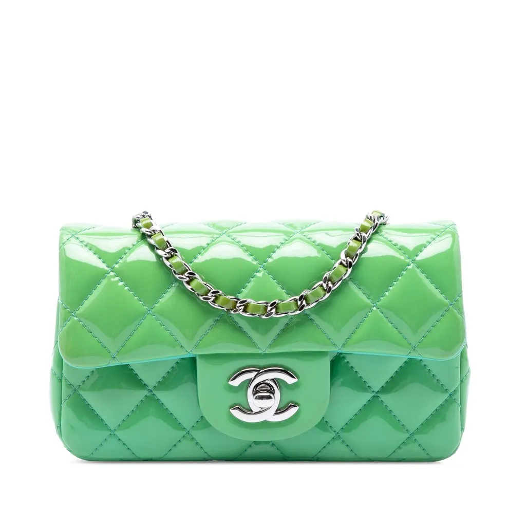 Chanel Extra Mini Rectangular Classic Patent Single Flap Green Leather Very good - Front View