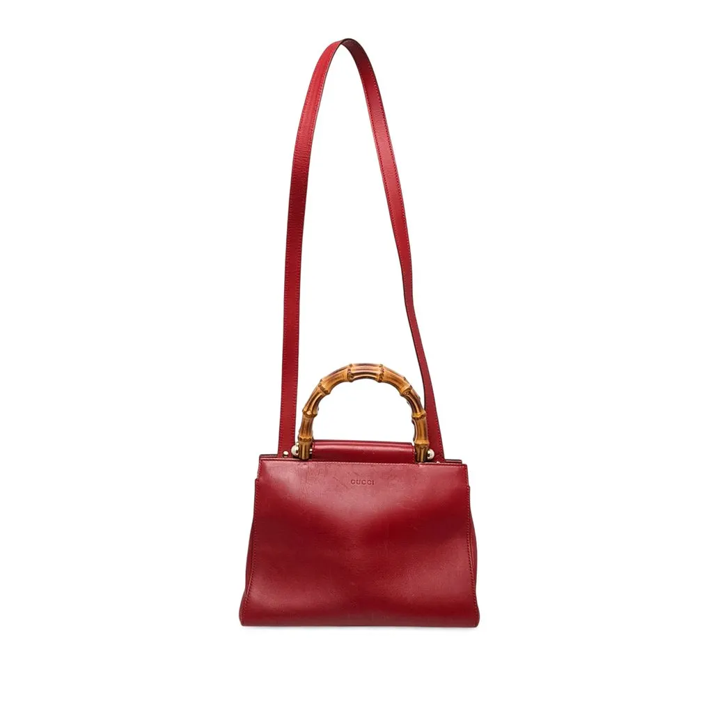 Gucci Small Calfskin Bamboo Nymphaea Satchel Red Leather Good - Front View