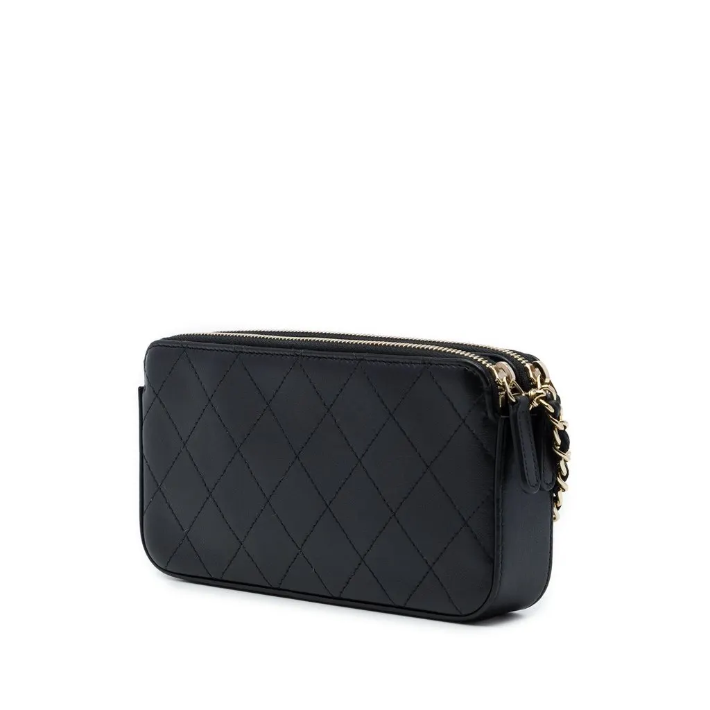 Chanel CC Quilted Calfskin Double Zip Clutch With Chain Black Leather Very good - Back View