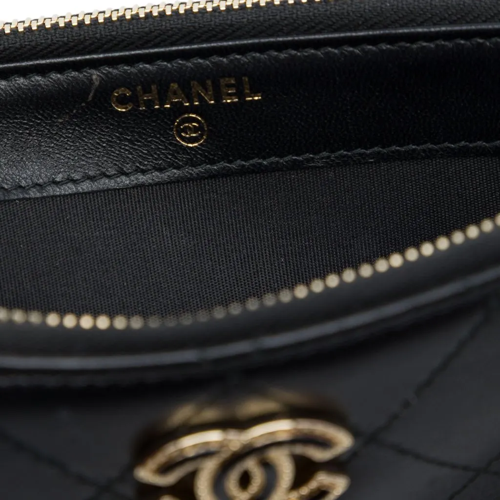 Chanel CC Quilted Calfskin Double Zip Clutch With Chain Black Leather Very good - Box View