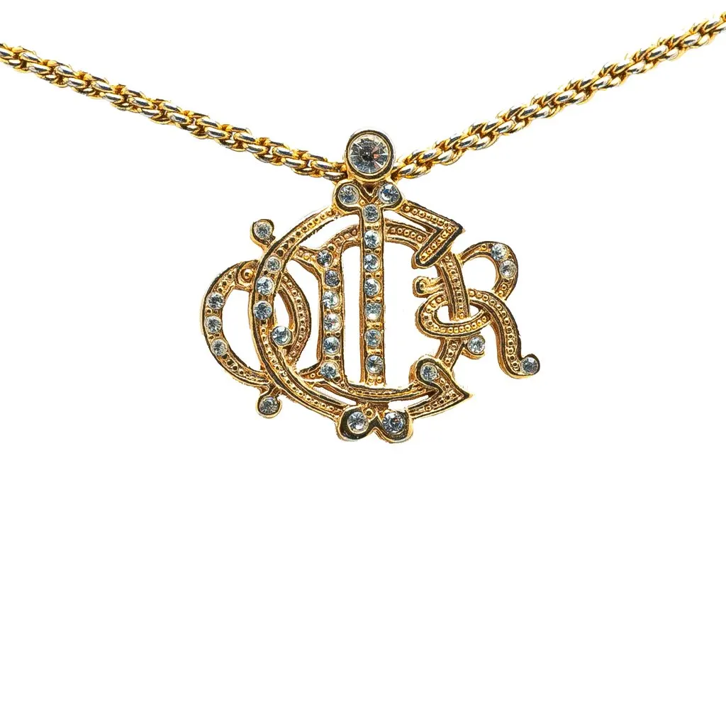 Dior Gold Plated Logo Crystal Pendant Necklace Gold Metal Very good - Front View
