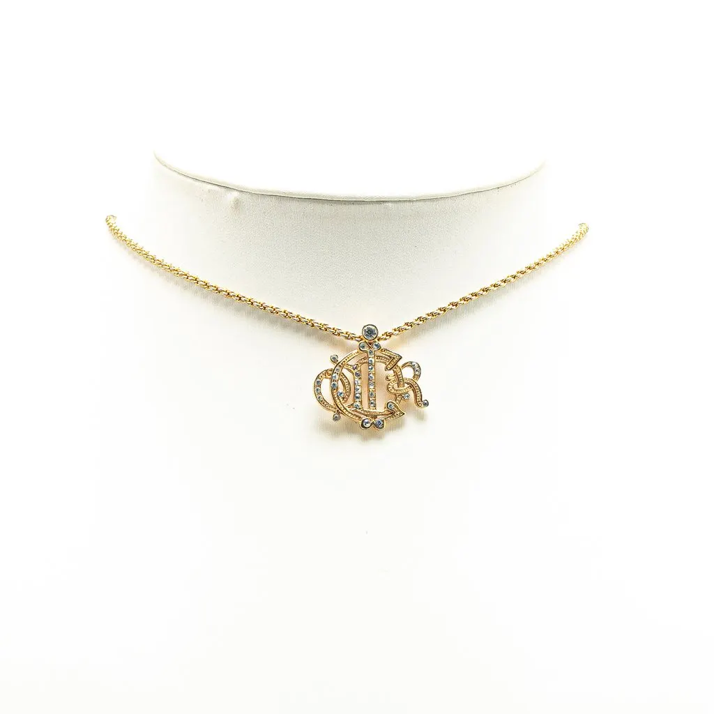 Dior Gold Plated Logo Crystal Pendant Necklace Gold Metal Very good - Box View