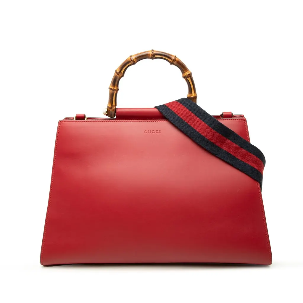 Gucci Medium Calfskin Bamboo Nymphaea Satchel Red Leather Very good - Front View