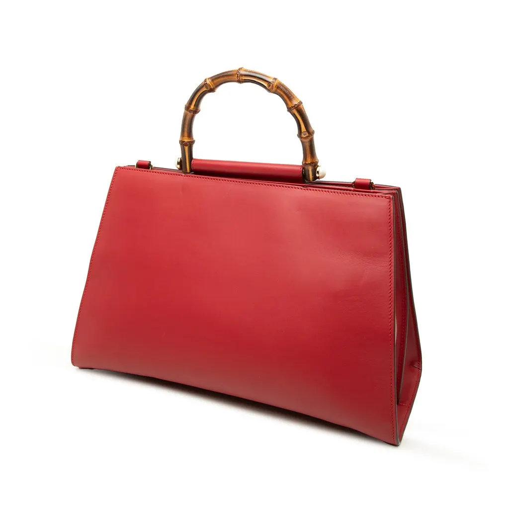 Gucci Medium Calfskin Bamboo Nymphaea Satchel Red Leather Very good - Back View