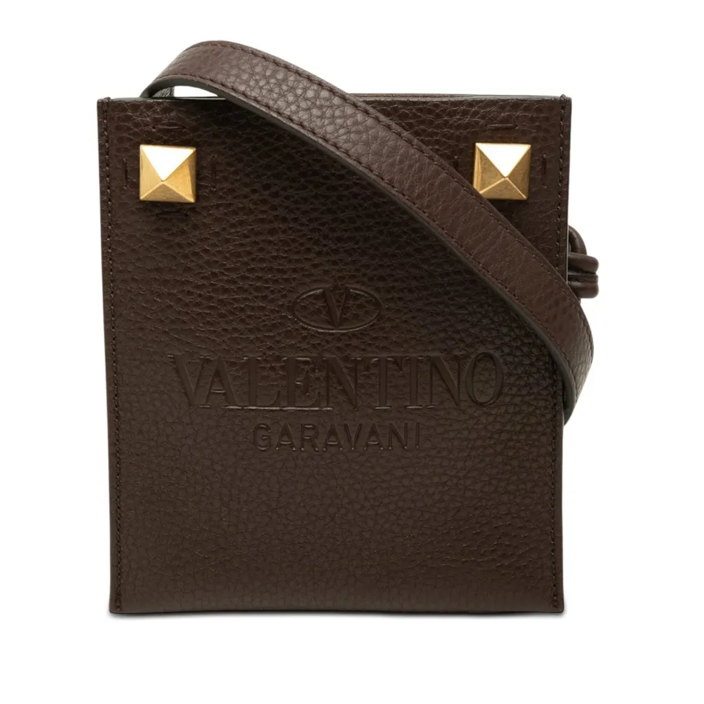 Valentino Mini Grained Calfskin Rockstud Identity Crossbody Brown Leather Very good - Front View