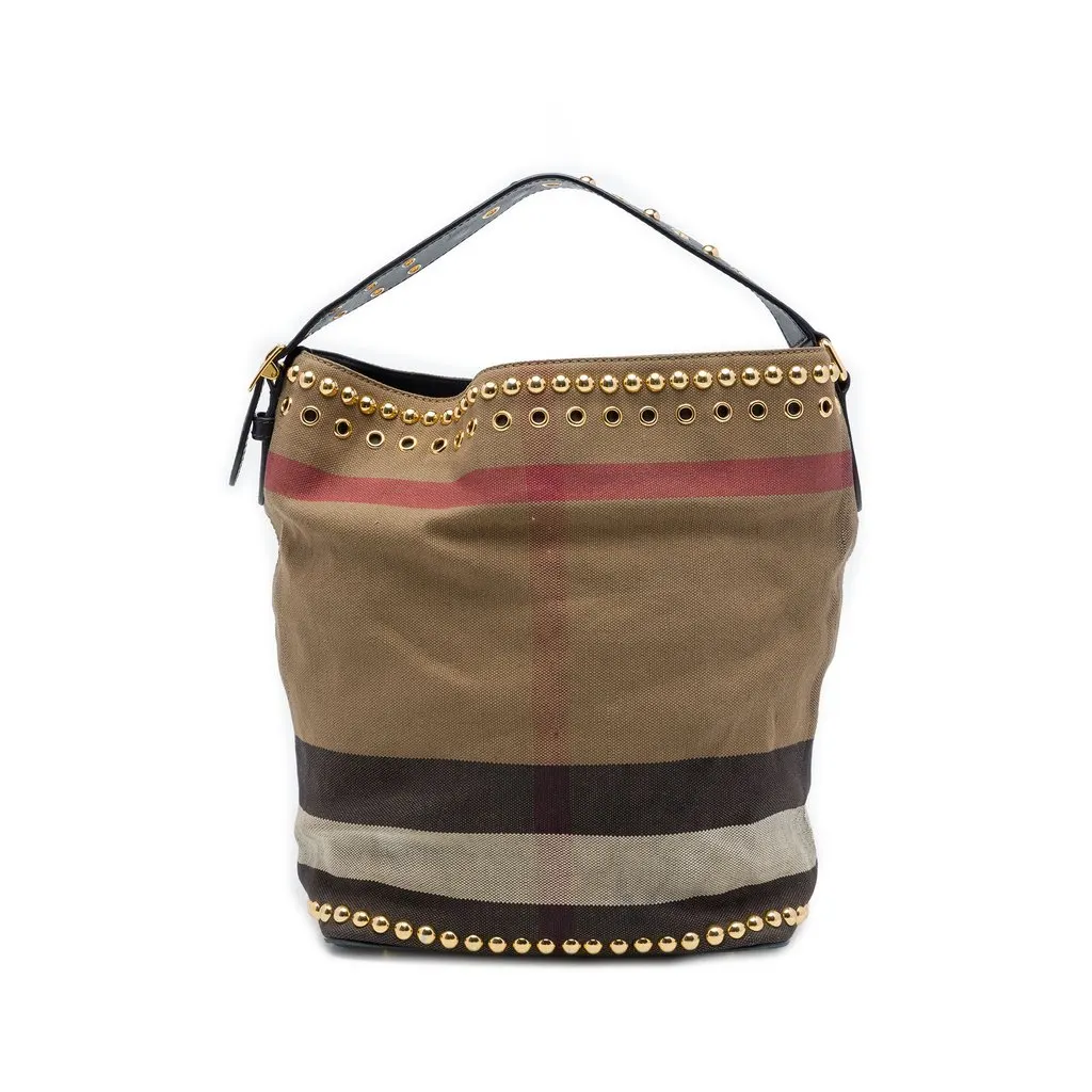 Burberry Medium Mega Check Studded Canvas Ashby Bucket Bag Brown Very good - Front View