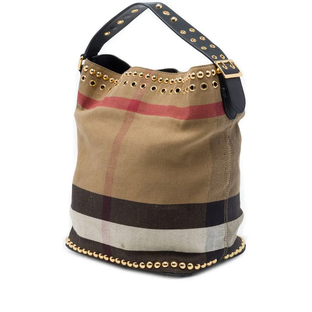 Burberry Medium Mega Check Studded Canvas Ashby Bucket Bag Brown Very good - Back View