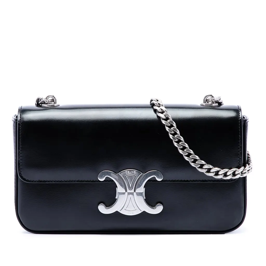 Celine Shiny Calfskin Triomphe Claude Shoulder Bag Black Leather Very good - Front View