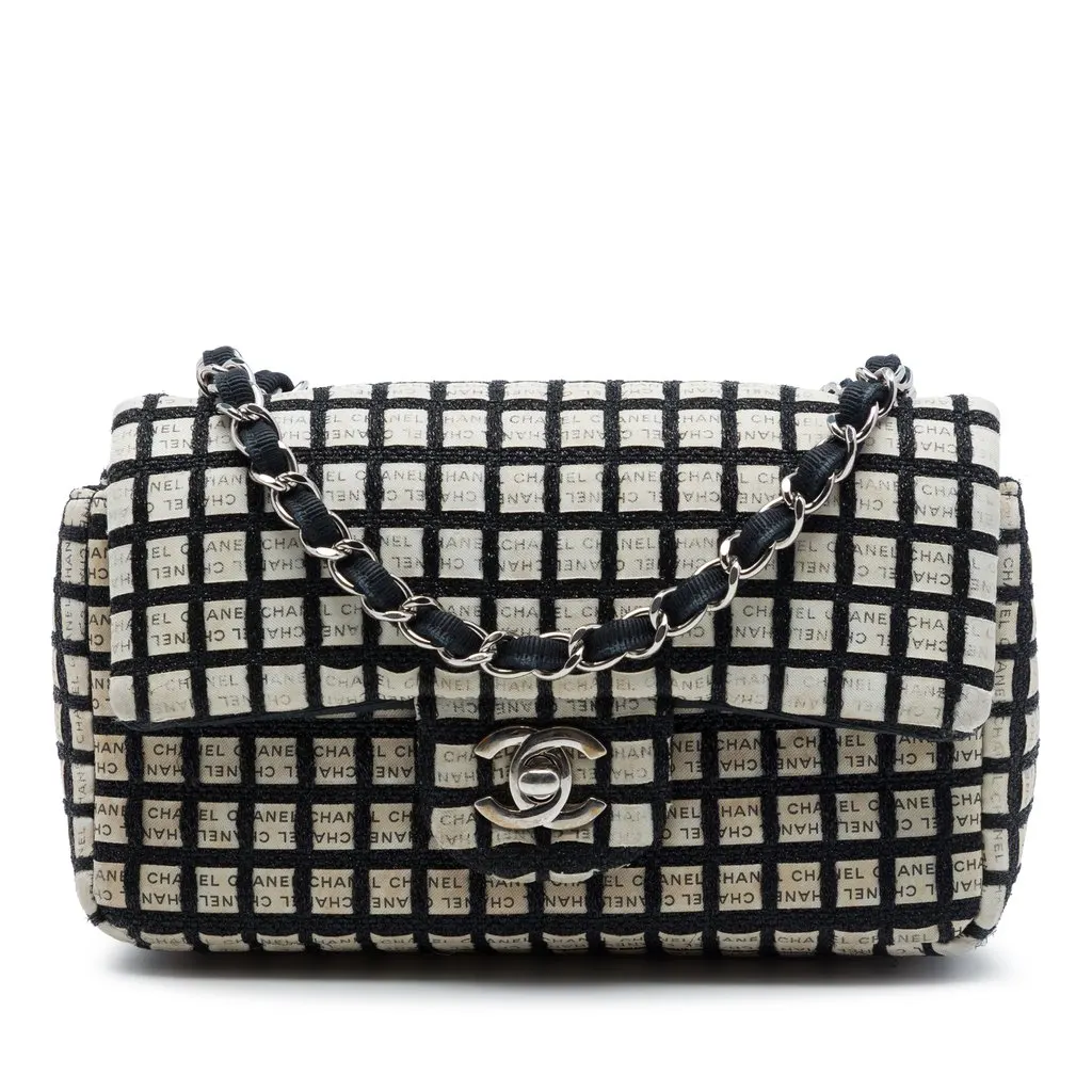 Chanel Mini Rectangular Tweed  and Ribbon Logo Single Flap Black Very good - Front View