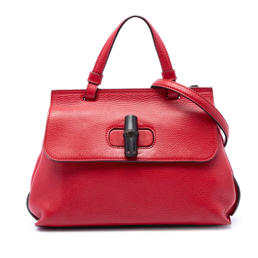 Gucci Small Calfskin Bamboo Daily Satchel Red Leather Very good - Front View