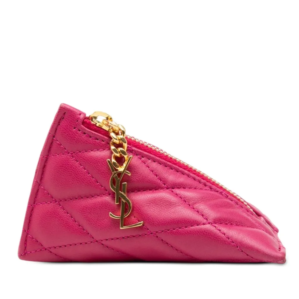 Saint Laurent Quilted Lambskin Berlingo Charm Coin Pouch Pink Leather Very good - Front View