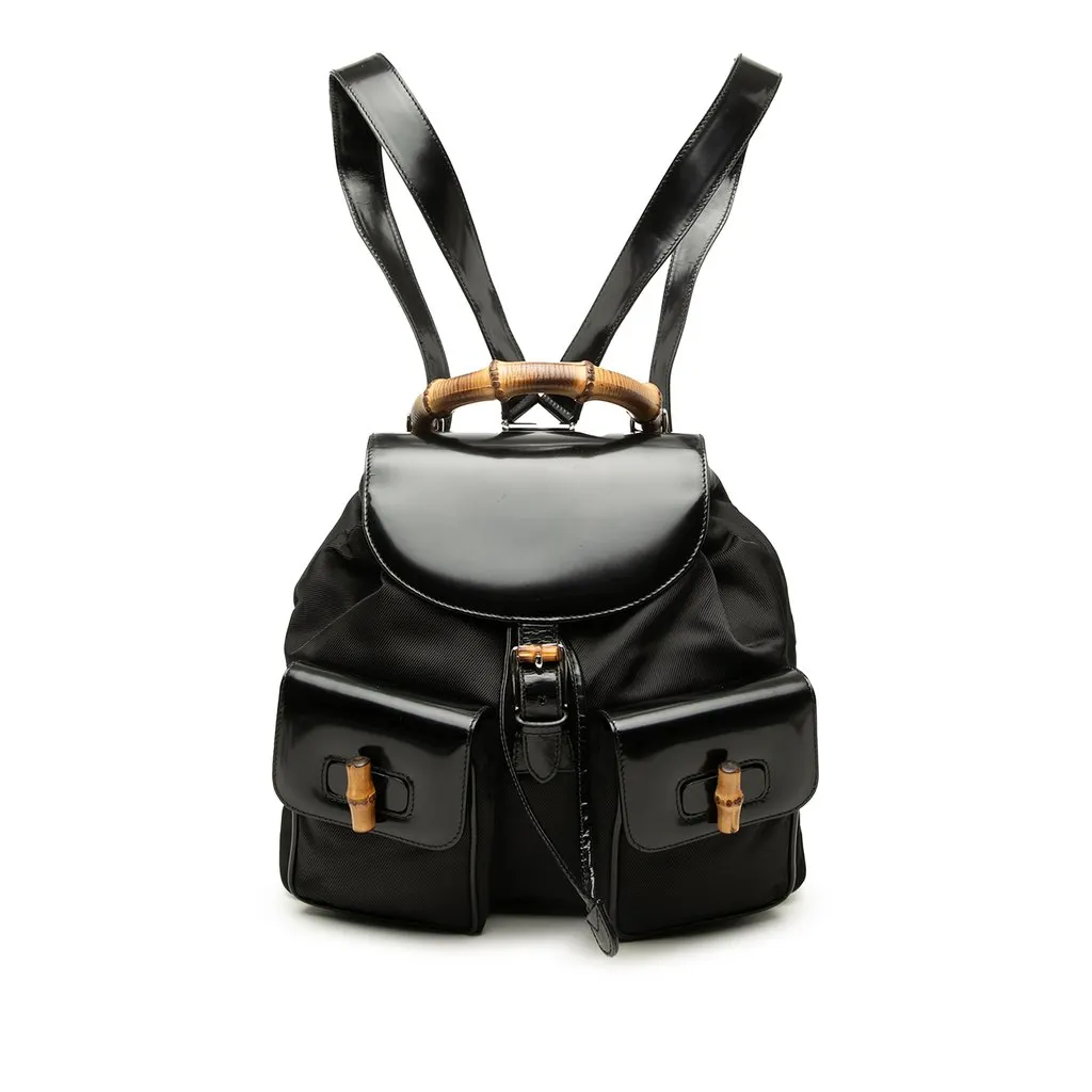 Gucci Large Nylon Bamboo Drawstring Backpack Black Polyamide Good - Front View