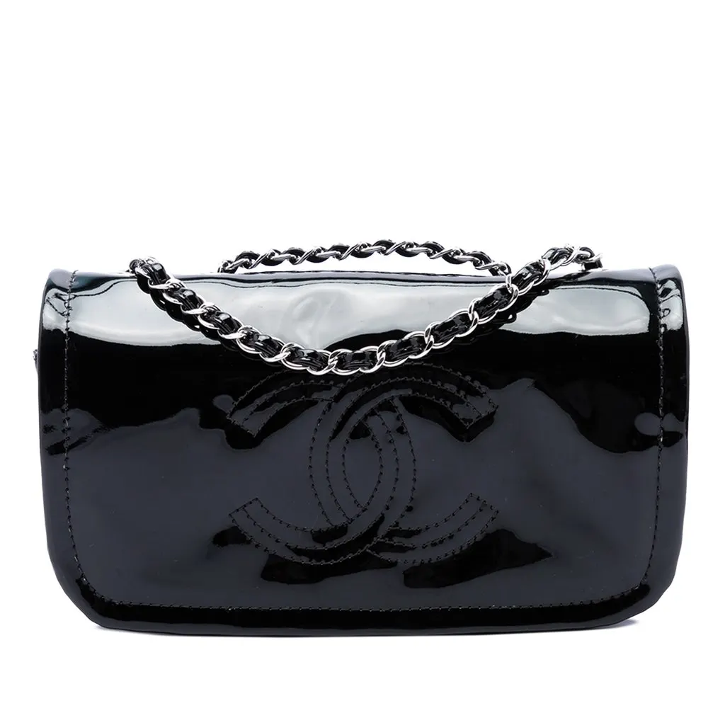 Chanel CC Patent Lipstick Ligne Flap Black Leather Very good - Front View