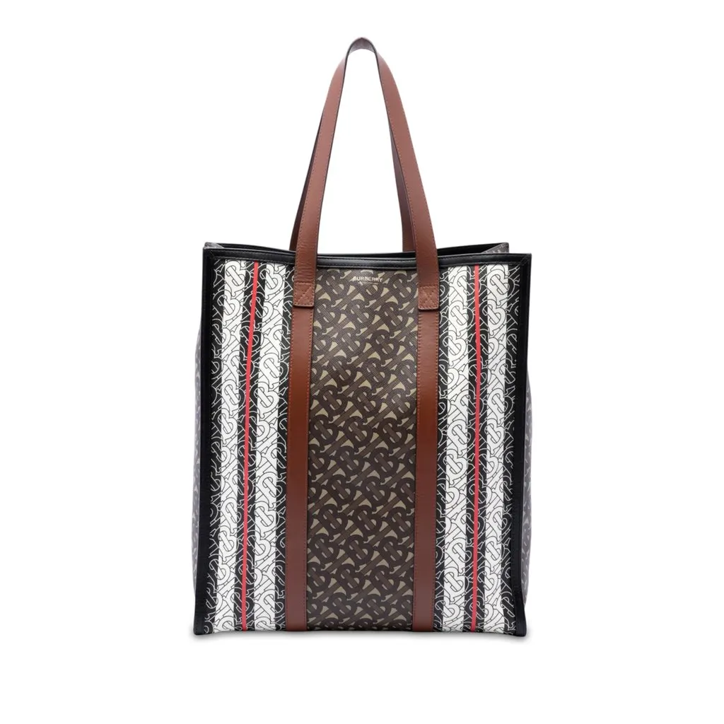 Burberry TB Monogram E-Canvas Stripe Vertical Tote Brown Canvas Good - Front View