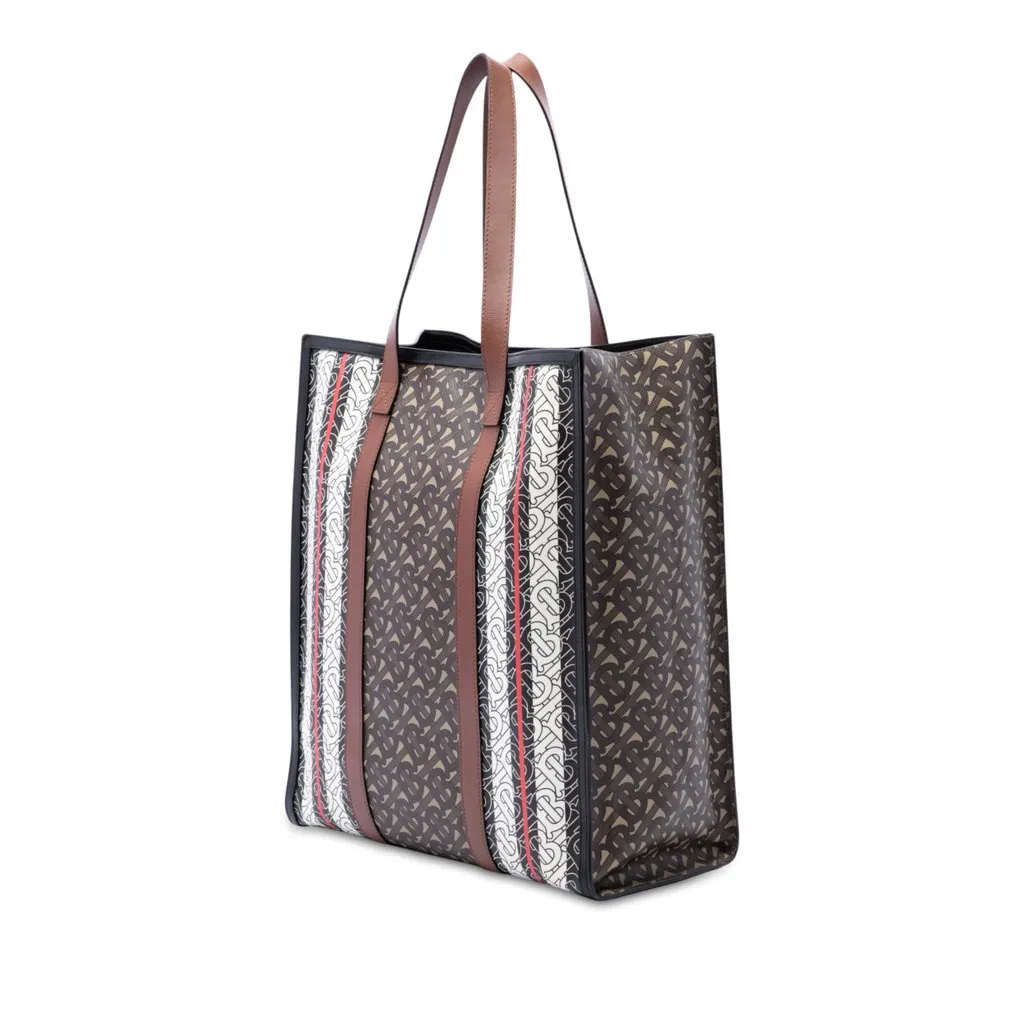 Burberry TB Monogram E-Canvas Stripe Vertical Tote Brown Canvas Good - Back View