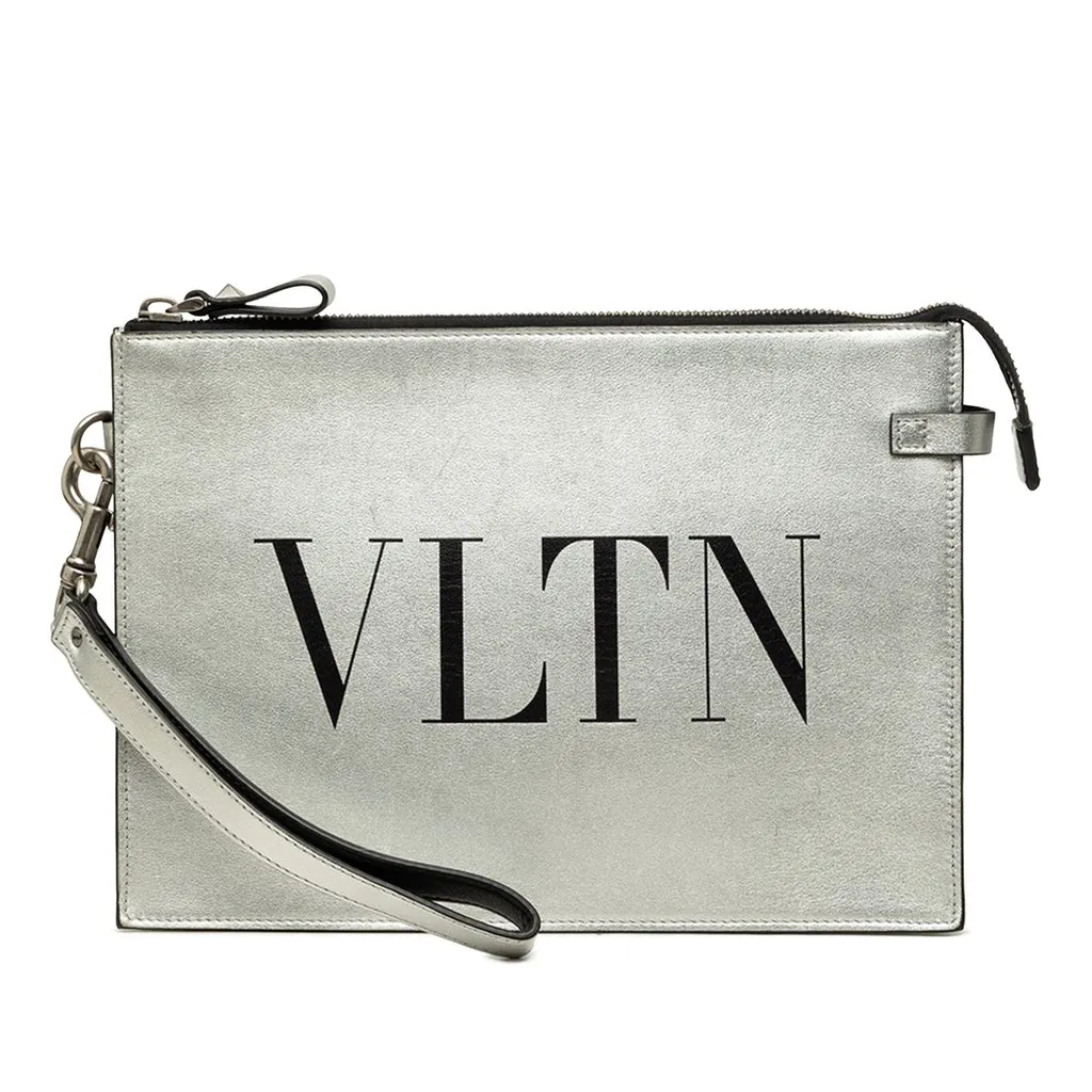 Valentino Metallic Leather VLTN Clutch Silver Leather Good - Front View