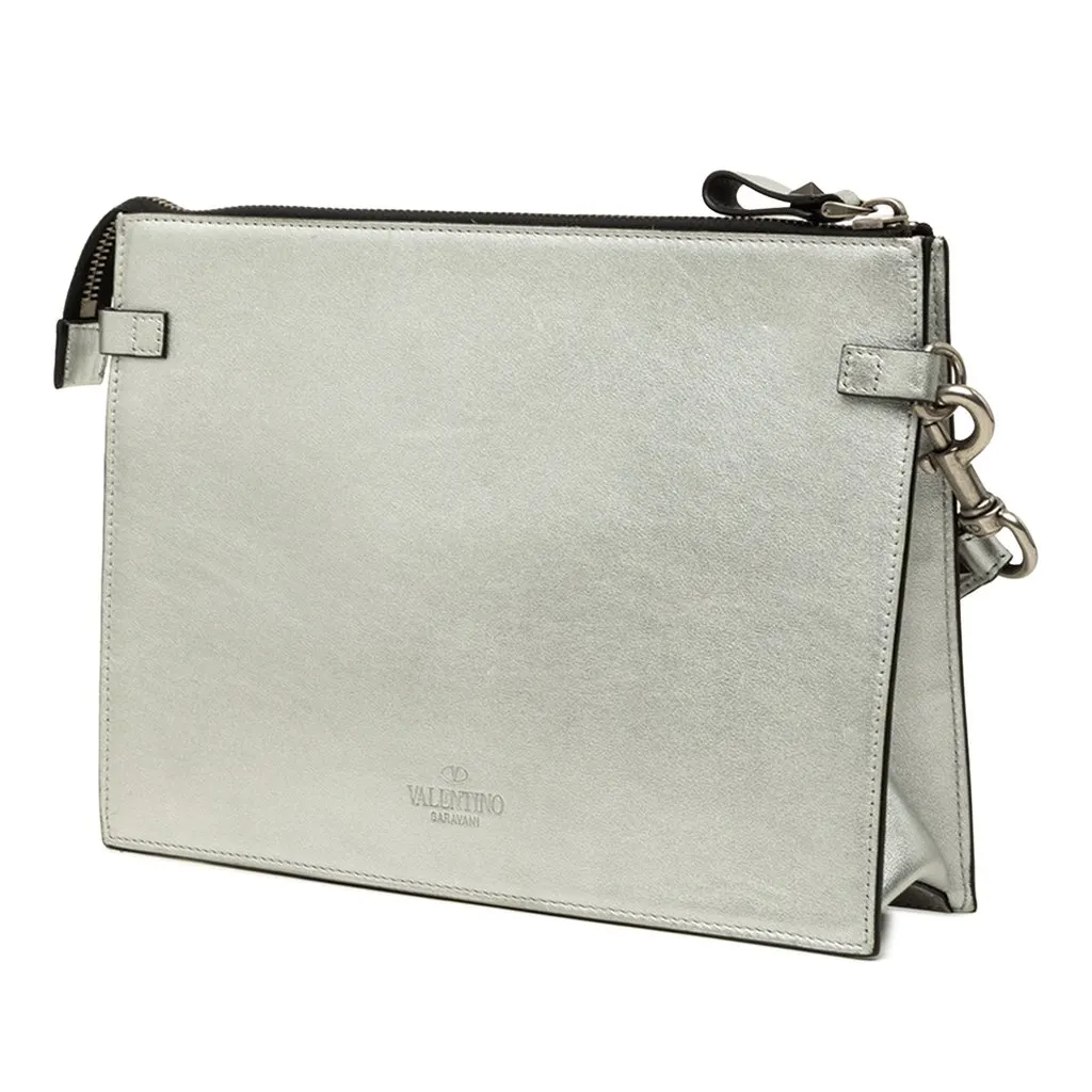 Valentino Metallic Leather VLTN Clutch Silver Leather Good - Back View