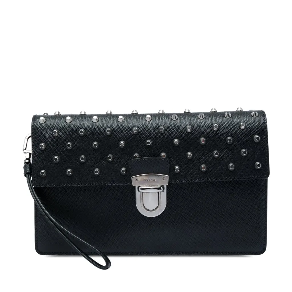 Prada Studded Saffiano Push Lock Wristlet Clutch Black Leather Very good - Front View