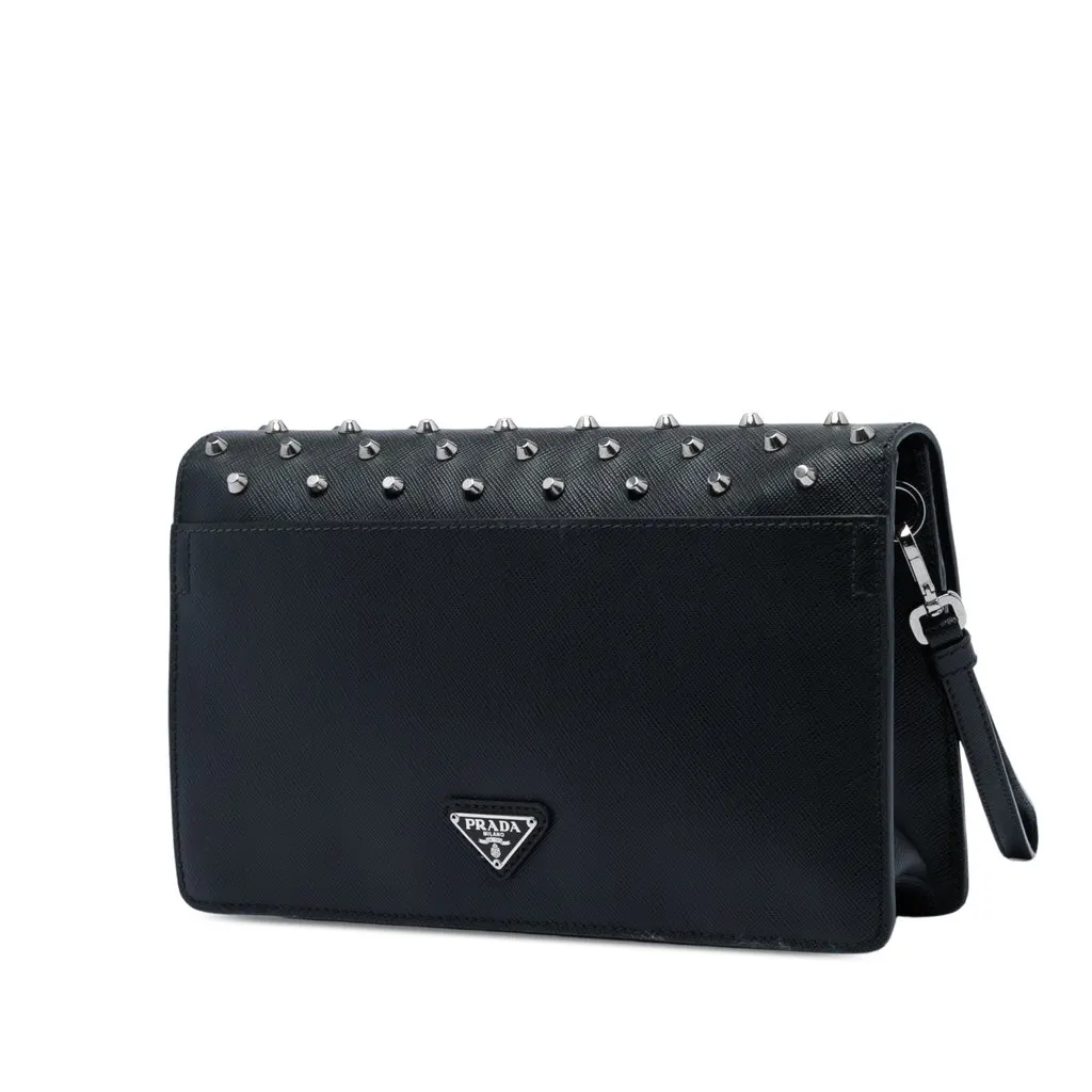 Prada Studded Saffiano Push Lock Wristlet Clutch Black Leather Very good - Back View