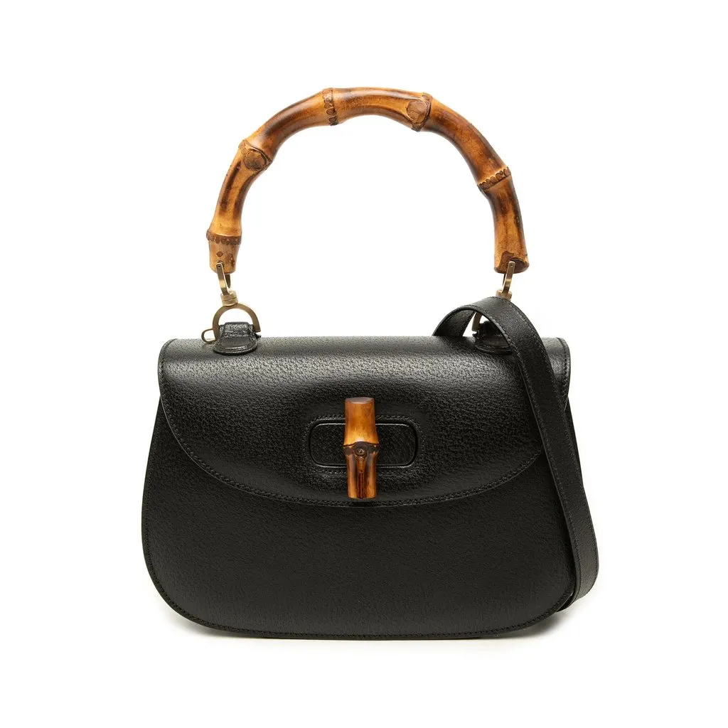 Gucci Grained Calfskin Bamboo Night Black Leather Very good - Front View