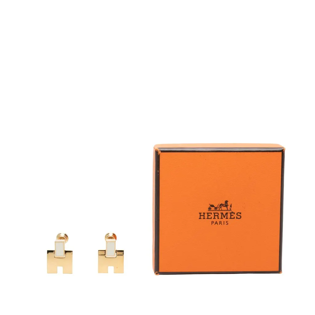 Hermès Gold Plated Enamel Eileen Push Back Earrings Gold Metal Very good - Model View