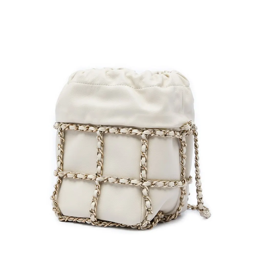 Chanel Mini Lambskin CC Chain Frame Drawstring Bucket Bag White Leather Very good - Back View