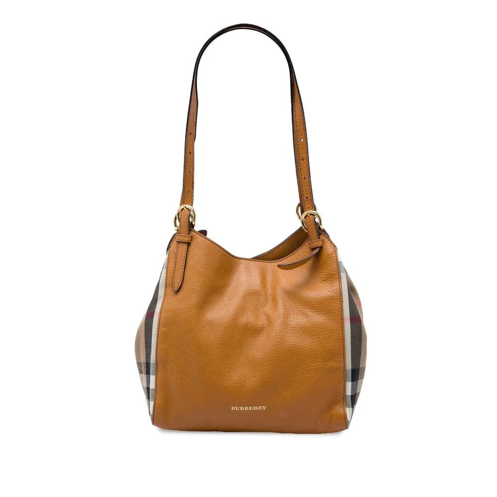 Burberry Small Derby Calfskin and House Check Canvas Canterbury Tote Brown Leather Good - Front View