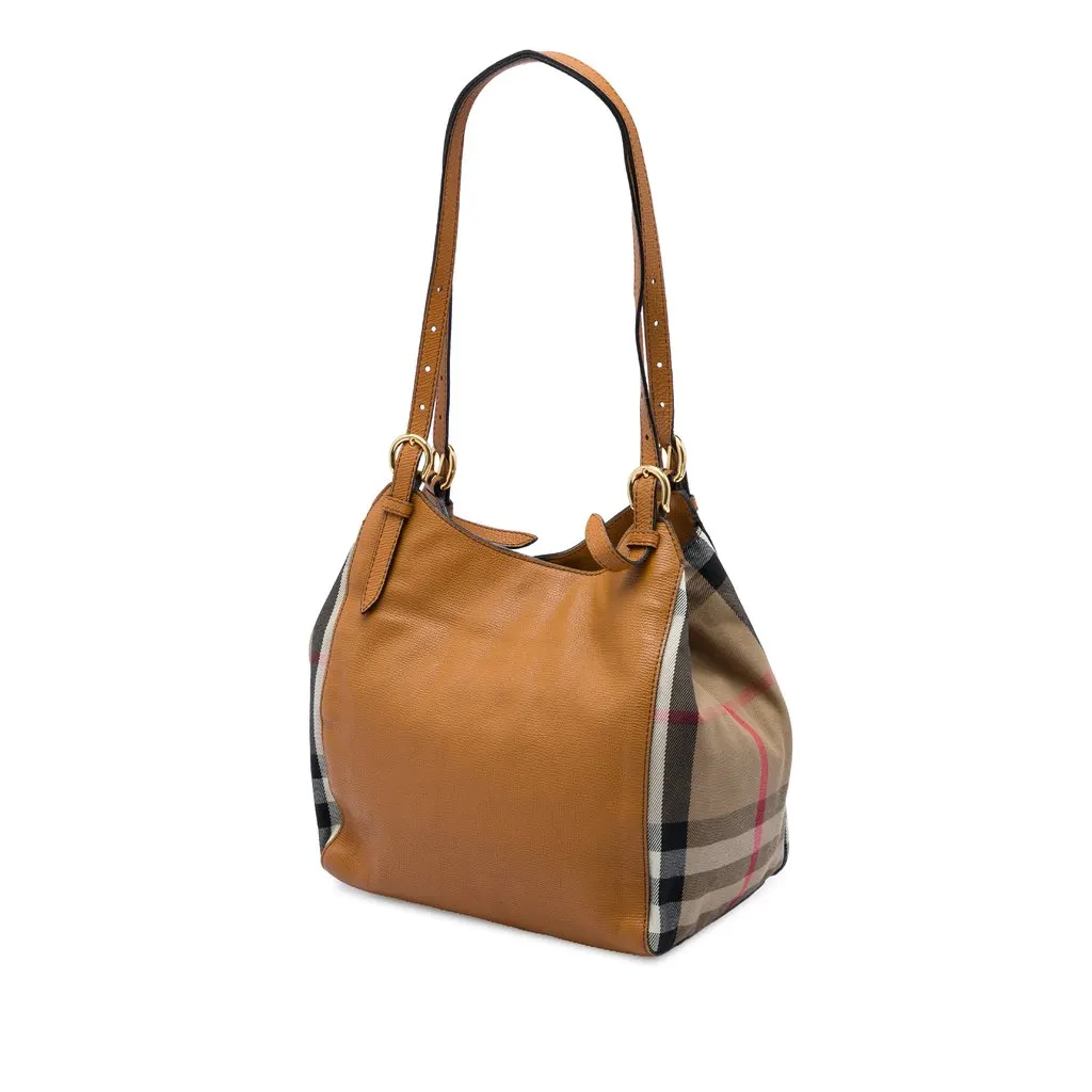 Burberry Small Derby Calfskin and House Check Canvas Canterbury Tote Brown Leather Good - Back View