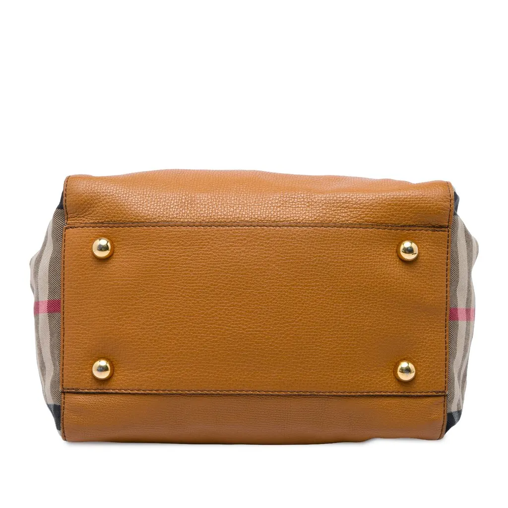 Burberry Small Derby Calfskin and House Check Canvas Canterbury Tote Brown Leather Good - Inside View