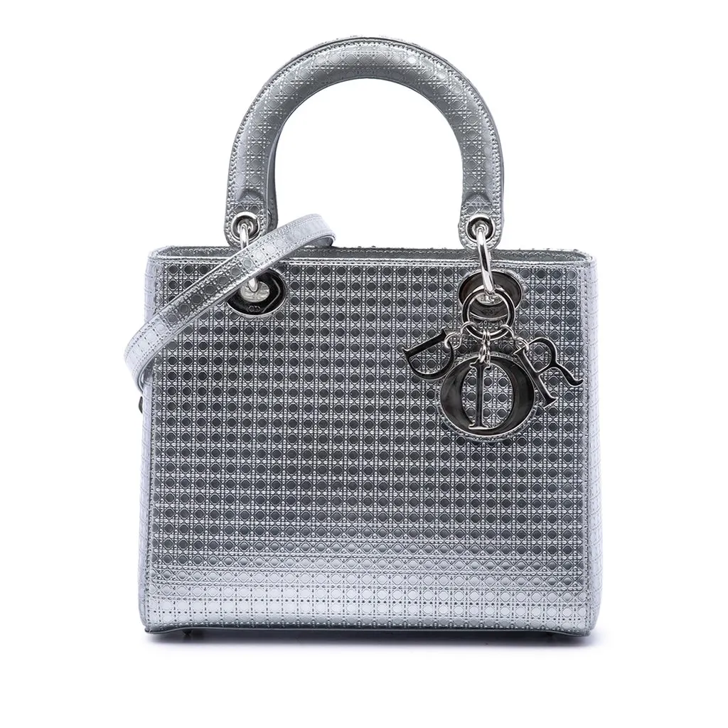 Dior Medium Metallic Patent Microcannage Lady Dior Silver Leather Good - Front View