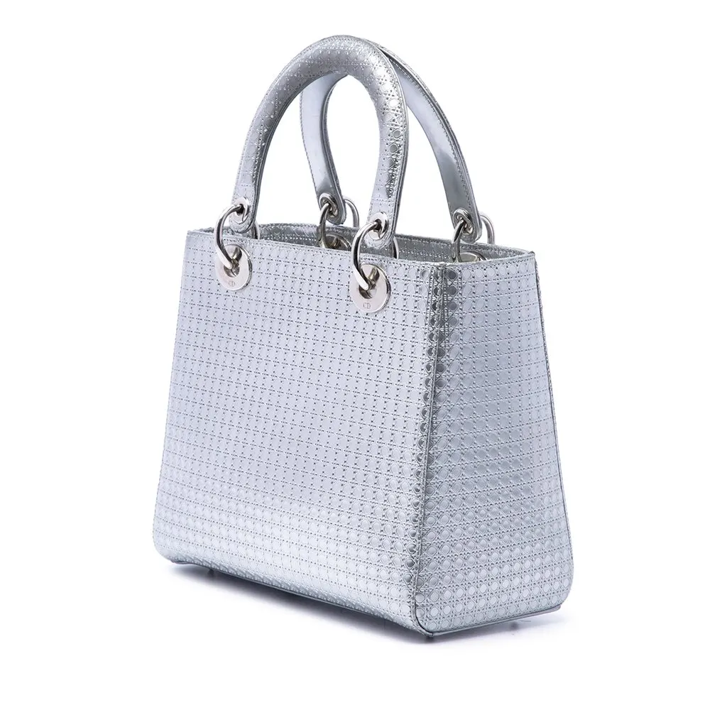 Dior Medium Metallic Patent Microcannage Lady Dior Silver Leather Good - Back View