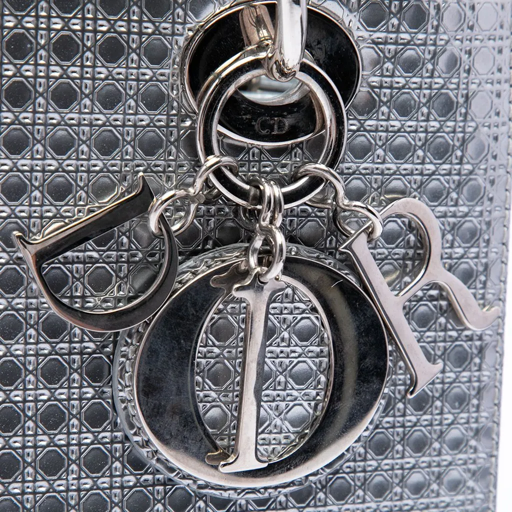 Dior Medium Metallic Patent Microcannage Lady Dior Silver Leather Good - Box View