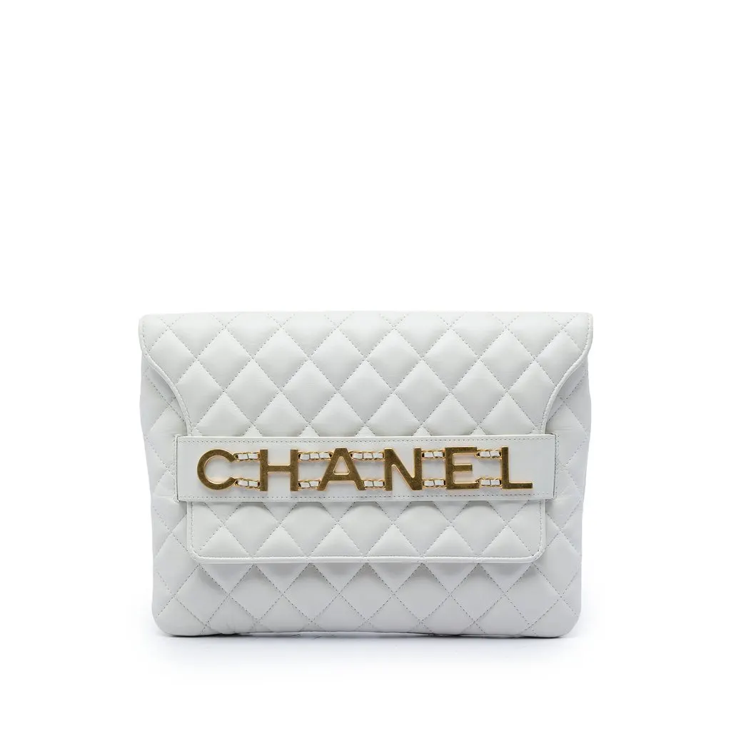 Chanel Quilted Calfskin Logo Enchained Clutch White Leather Very good - Front View